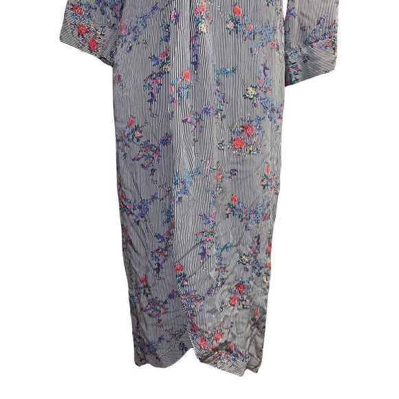 Suzanne Betro Long Sleeve Gray Striped Floral Design Waist Twist High Low Dress - Picture 5 of 11